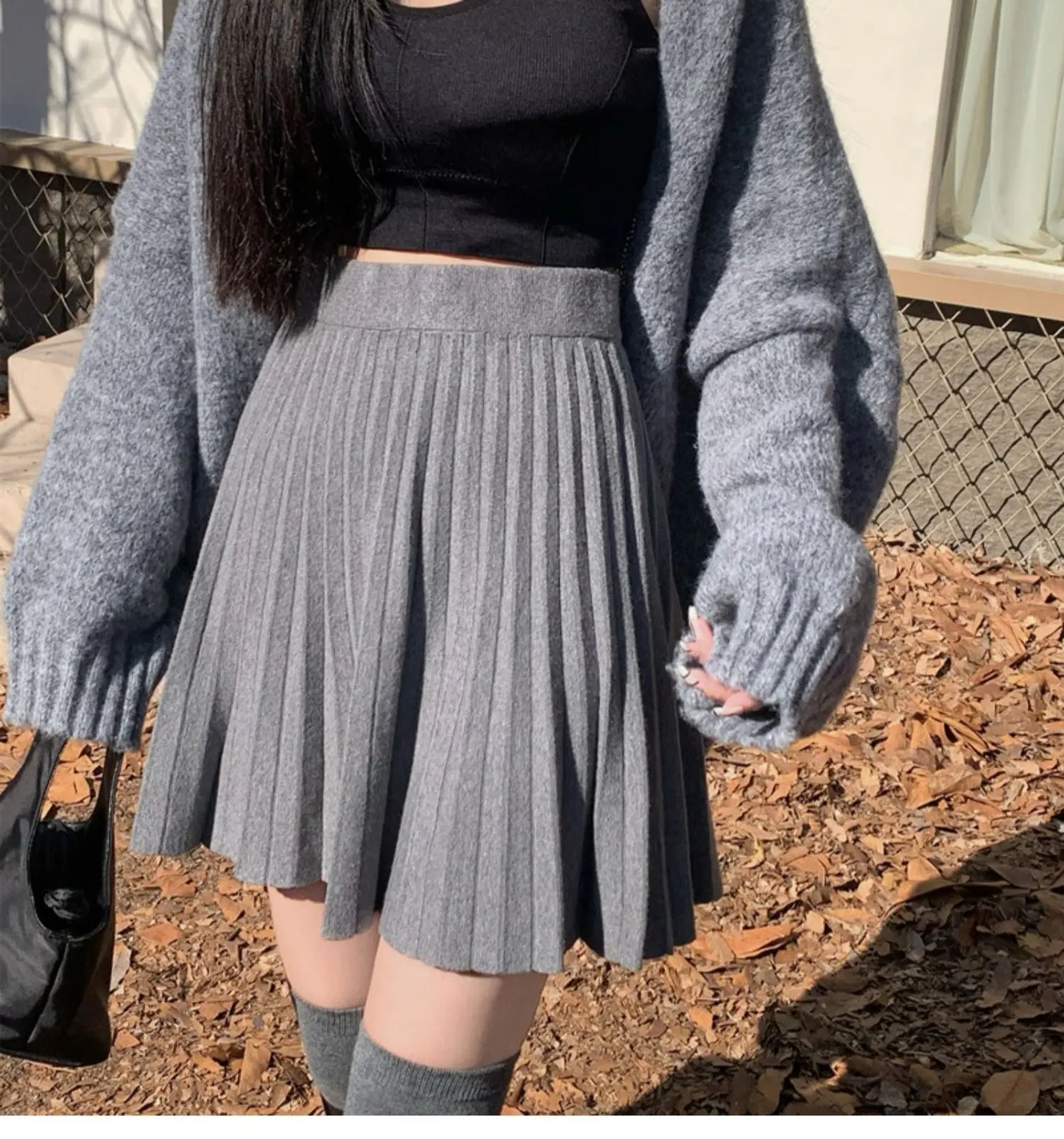 Women's Autumn Elegant A-Line Knitted Mini Skirt High Waist Pleated Skirt Femme Faldas Jupe Saia