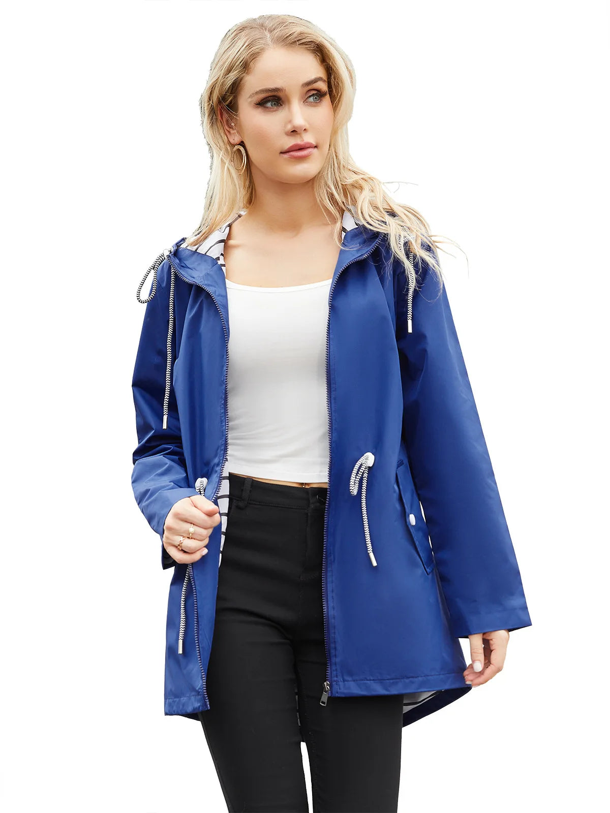 Women Outdoor Windbreaker Casual Loose Hooded Waterproof Raincoat Long Sleeve Solid Color Mid-length Zipper Hiking Jackets