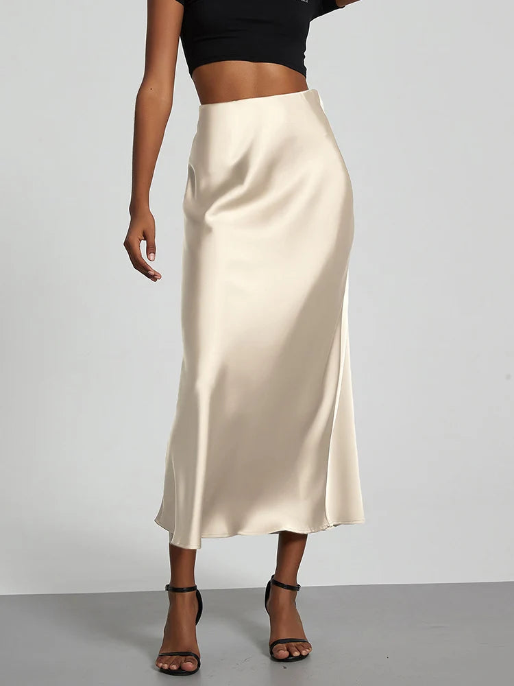 Fashion Satin Party Long Skirt High Waist Solid Color Casual Basic Women Skirts Fishtail Skirt Chic Summer Woman Clothing 2025