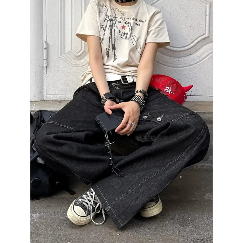 Black Gothic Y2k Emo Baggy Jeans Women Vintage Japanese 2000s Style Denim Trouser Harajuku Grunge Jeans Pants Oversize Clothes
