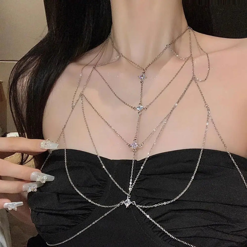 Body Jewelry Glitter Rhinestone Bust Chain Sexy Multilayer Silver Body Chain Luxury Trend Body Chain Jewelry Party