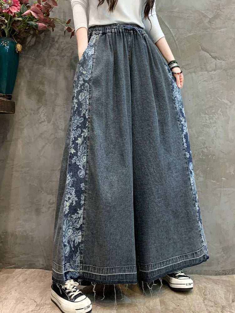 Amax luluE Fashion 2024 Loose Printed Vintage Denim Pants Women Spring Patchwork Jeans Ladies Classic Casual Wide Leg Trousers