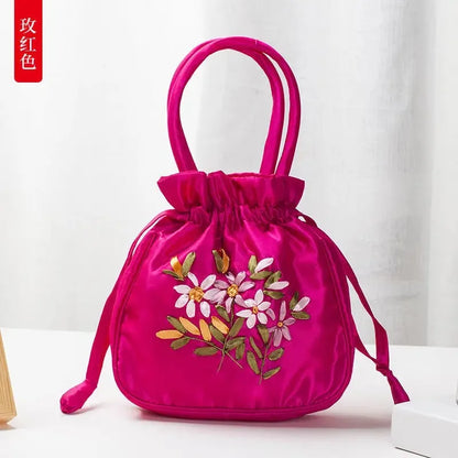 Women Bucket Bag Top Handle Ladies Handbag Phone Bag Summer Small Purse National Style Embroidered Flower Pattern Drawstring Bag