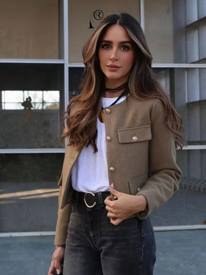 Women Elegant Cropped Jacket 2025 Women's Fashion Jacket O-Neck Long Sleeved Flip Pocket Coat Female Casual Outwear Tops