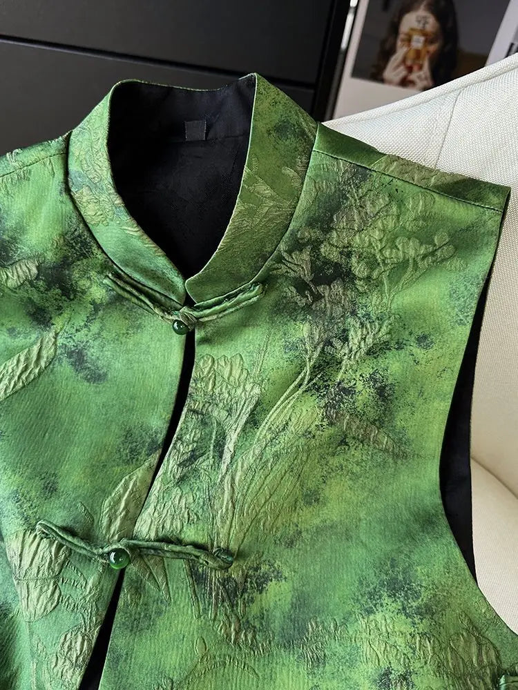 2025 Retro Chinese Literature Green Jacquard Vest Classical Chic Versatile Waistcoat Female Sleeveless Singlet Tops