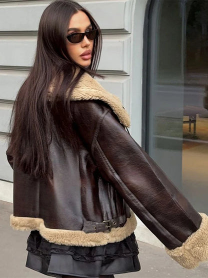 Vintage Furry Leather Women Winter Coats Big Lapel Long Sleeve Zipper Warm Outerwear 2025 Winter Chic Lady Street Short Jackets