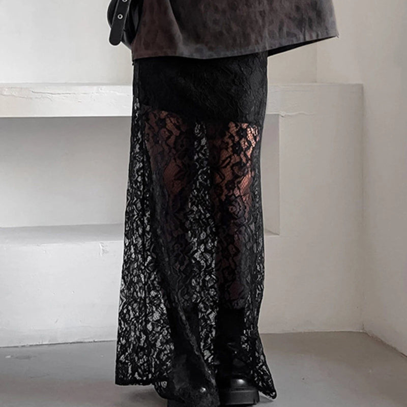 hirigin Women Fairy Lace Maxi Skirt Y2K Vintage Sheer Mesh Lace Floral Bodycon Long Skirt Sexy See-Through Half Slip Skirts