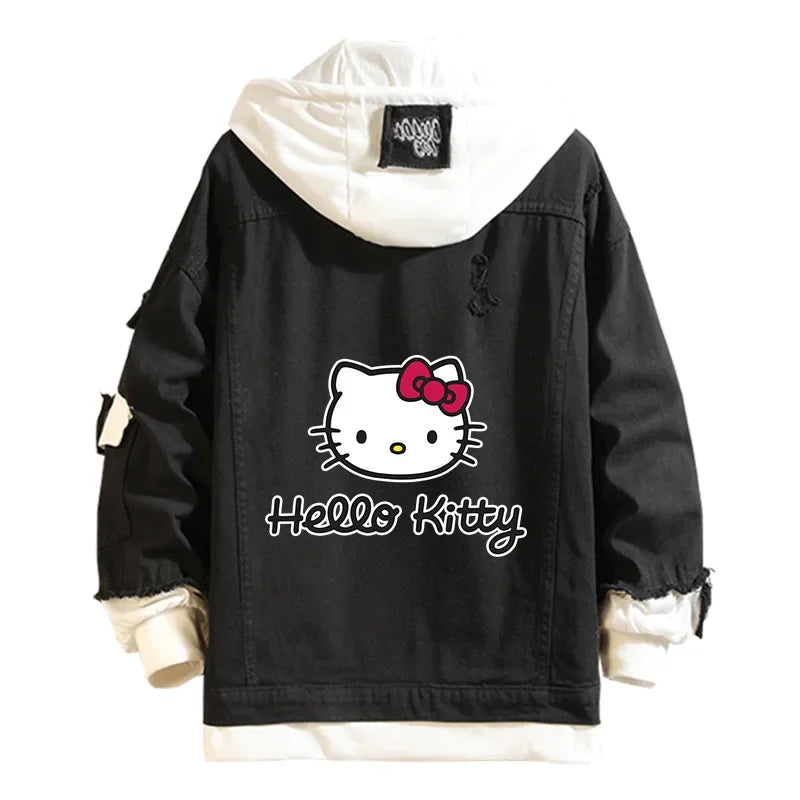 Anime Sanrio Denim Bomber Jacket Hello Kitty Hooded Jeans Sweatshirt Unisex Ripped Hole Cosplay Hoodie Long-Sleeved Denim Jacket