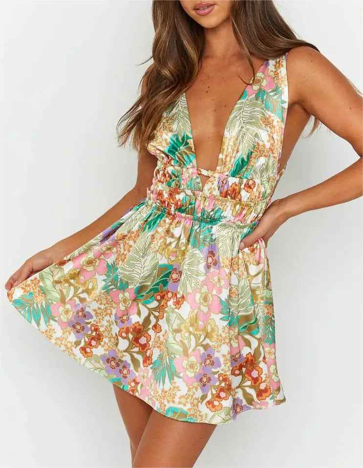 New Backless Sexy Women Mini Dress Sleeveless V Neck Backless Flower Print Summer Club Party Dress Sundress Streetwear S M L