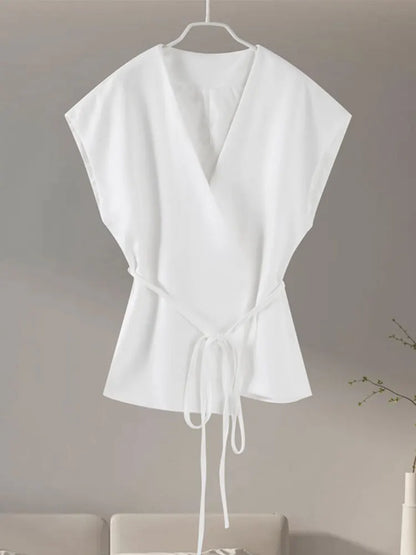 HH Women Elegant Solid Vests V Neck Sleeveless Lace Up Shirt Coat Casual Summer Female Fashion Y2k Top Vests