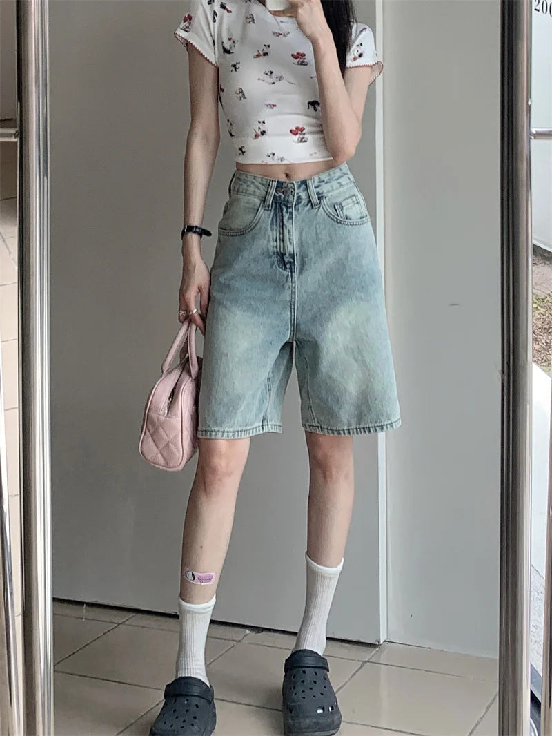Trendy Women's Y2K High Waist Light Wash Oversized Denim Shorts Bermuda Length Wide Leg Trousers for 2026