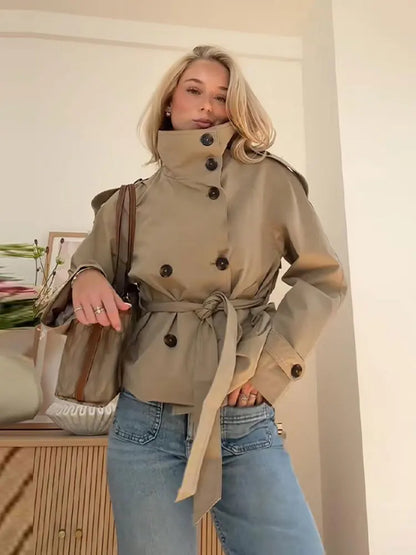 Women's Chic Stand Collar Double-breasted Belted Waist Cropped Trench Coat Shoulder Epaulets 2025 Autumn Casual Street Outerwear