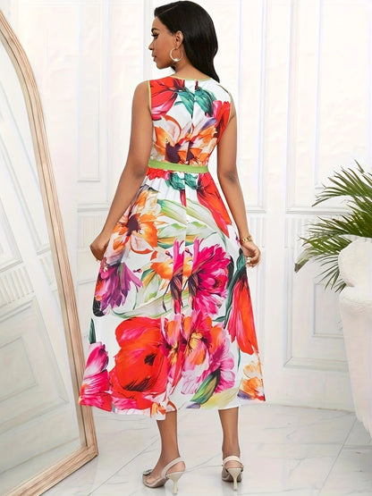 Spring Summer Women Elegant Floral Print Long Dress Vacation Party O Neck Lace Up Sleeveless Tank Dresses