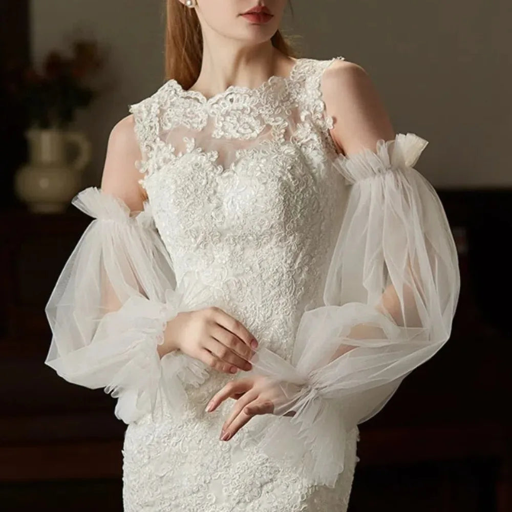 Elegant Yarn Bridal Arm Sleeves Pleated Lace Breathable Wedding Long Sleeves Thin Lantern shaped Detachable Sleeves Women