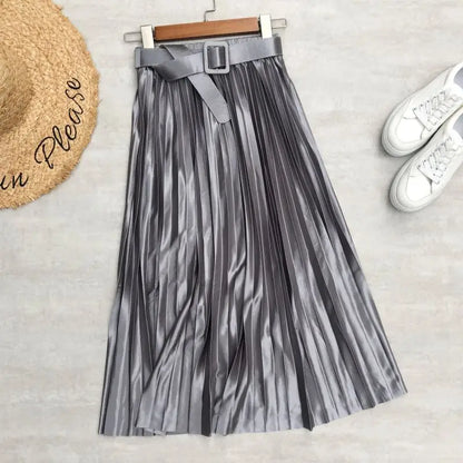 Seoulish 2025 New Solid Elegant Stain Women's Pleated Skirts with Belted High Waist Skirts Mi-long Umbrella Skirt Spring Summer