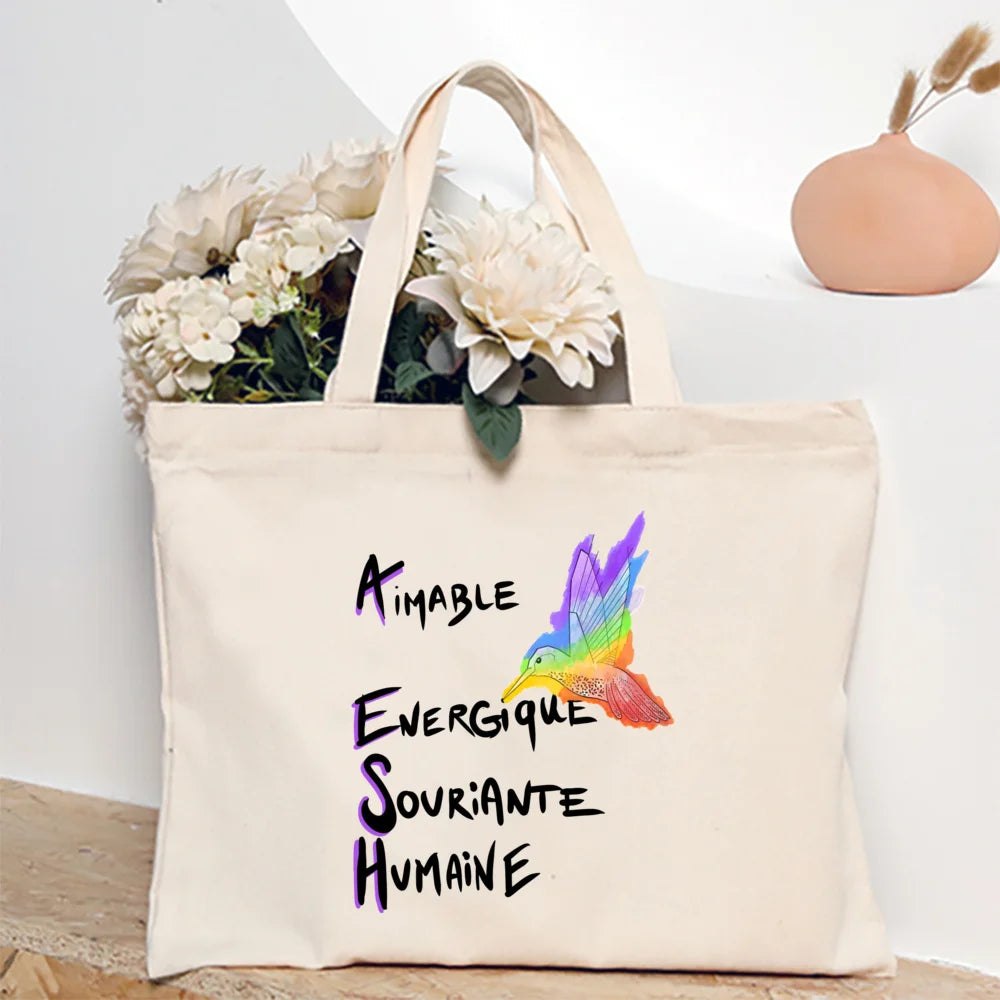 Merci Aesh French Printed Women Tote Bag Canvas Shopping Bags Female Shoudler Bag  Travel Handbag Graduate Thanks Gift for Aesh