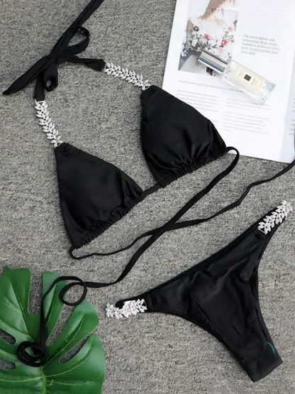 Halter Crystal Rhinestone Diamond Bikini 2025 Female Swimsuit Women Swimwear Two Pieces Bikini set Brazilian Bathing Suit Swim