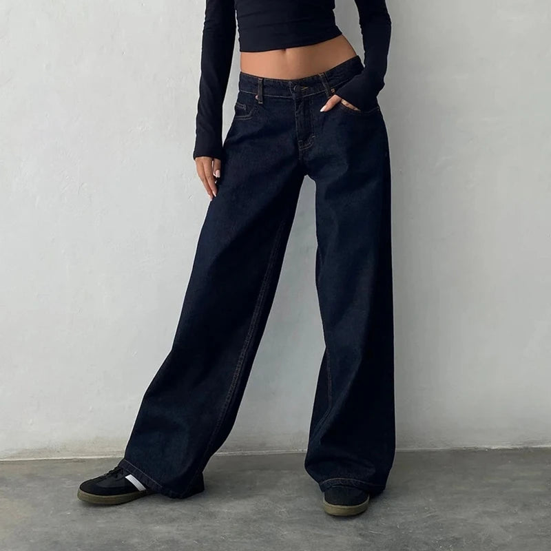 Maemukilabe Women Y2K Aesthetic Low Rise Baggy Jeans Loose Fit Boyfriend Straight Wide Leg Denim Pants Trendy Stretch Trousers
