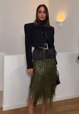 Retro Green Sequin Women Midi Skirt Chic High Waist Bodycon Long Shiny Sequined Bottom Lady Christmas Evening Party Club Skirts