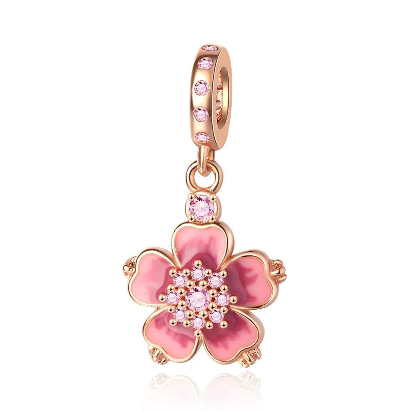 Rose Gold Plated Charms for Bracelet DIY Jewelry Making Heart Flower Strawberry Butterfly Paw Print CZ Pendant Beads Women Gift