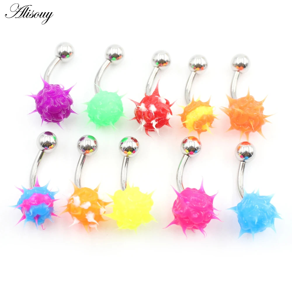 Alisouy 1PC 14G Silicone Rubber Brushed Fuzzy Ball Stainless Steel Bar Girl Women Belly Navel Button Ring Piercing Body Jewelry