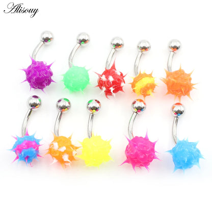 Alisouy 1PC 14G Silicone Rubber Brushed Fuzzy Ball Stainless Steel Bar Girl Women Belly Navel Button Ring Piercing Body Jewelry