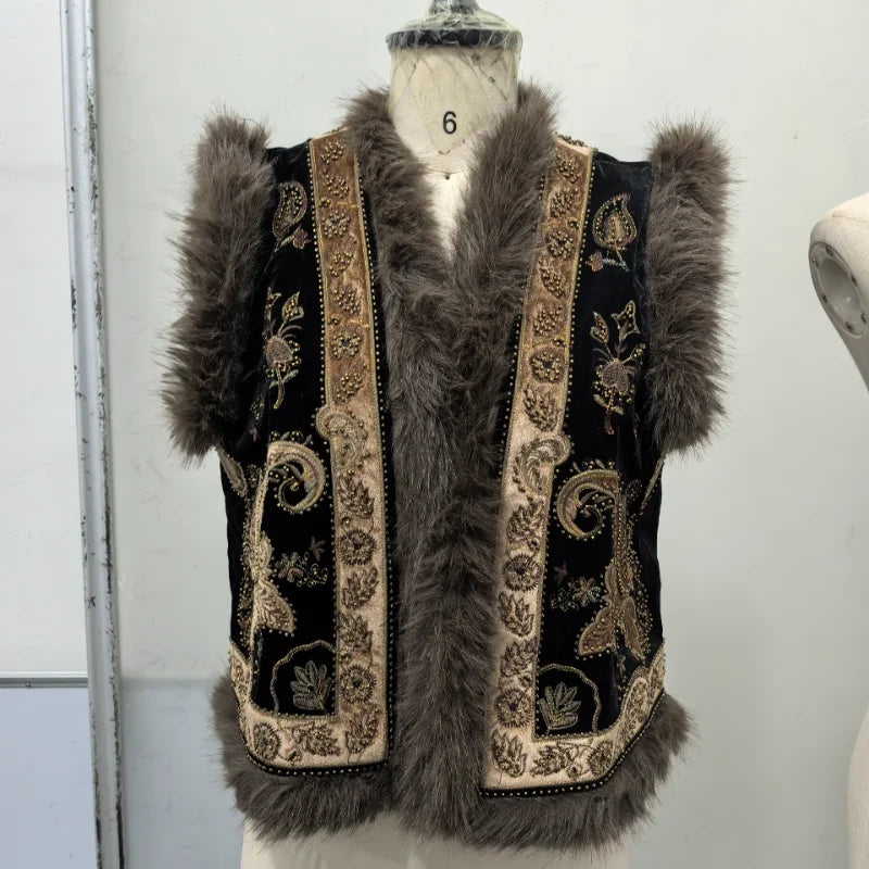 Women's Vintage Paisley Pattern Sleeveless Vest With Raccoon Fur Trim Fashion Waistcoat Outerwear 2025 Autumn Winter Streetwear