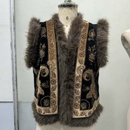 Women's Vintage Paisley Pattern Sleeveless Vest With Raccoon Fur Trim Fashion Waistcoat Outerwear 2025 Autumn Winter Streetwear