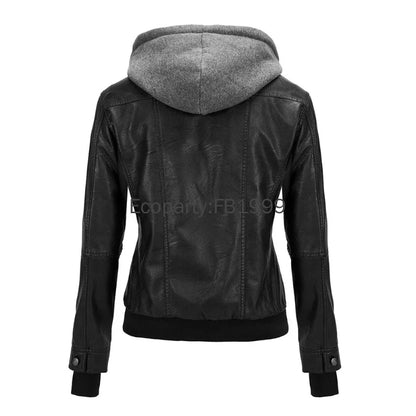 2024 Autumn Winter Women's Motorcycle Jacket Black Slim Pu Leather Removable Hooded Zipper Leather Coat Female Casual Outerwear
