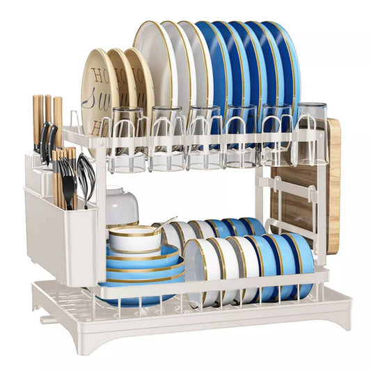 2-Tier Dishs Drying Rack - Rustproof Multifunctional Dish Racks with Drainboard, Space-Saving Design, Utensil & Cup Holder