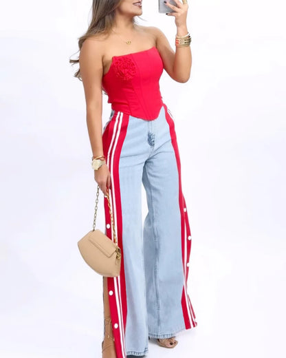 Side Striped Patch Button Design Jeans Straight Leg Wide Leg Pants for Women Spring and Summer Thin Denim Pants