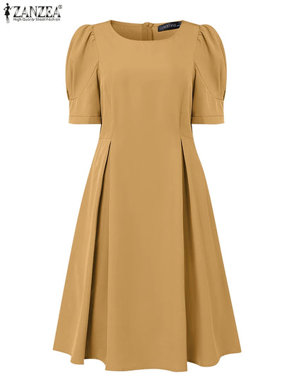 2025 Summer Elegant Office Work Midi Dresses ZANZEA Women Short Puff Sleeve Solid Party Dress Stylish Casual Holiday Vestidos
