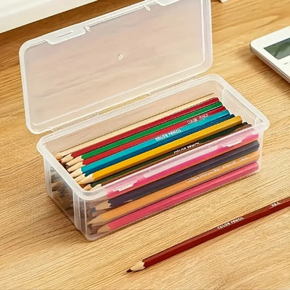 4 large transparent PP storage boxes with lids, used for storing office supplies, pencils, and crafts