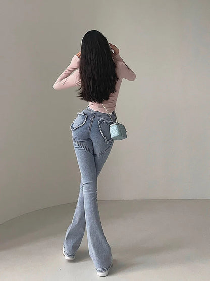 2024 Y2K High Waist Jeans Women Spring Sexy Hot Girl Casual Peach Love Pocket Flare Pants Female Bodycon Korean Denim Trousers