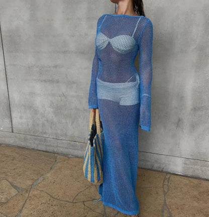 Kintted Beach Cover Up Women Sexy Long Bikini Dress Beachwear Crochet Backless Long Sleeve Hollow Beachdress Female Swimsuit