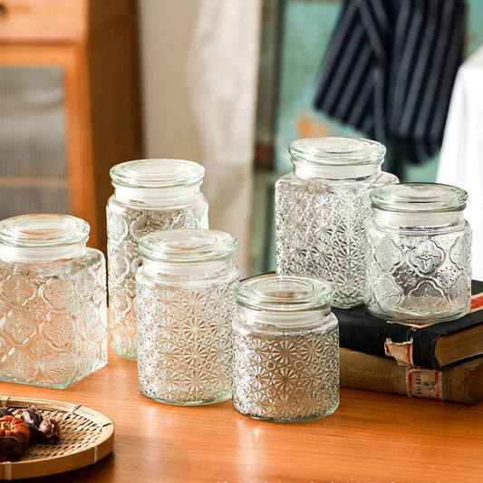 Retro Transparent Glass Sealed Jar Glass Lid Storage Jar Begonia Flower Glass Bottle Candy Storage Jar Kitchen Storage Supplies