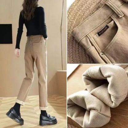 Spring Winter New Plus Velvet Women Jeans Button High Waist Solid Pants Pockets Thicken Fashion Casual Straight Trousers 2022
