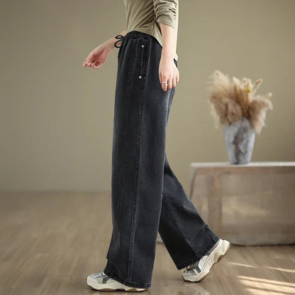 6294 Full Length Straight Basic Jeans Women Korean Style Elastic Waist Solid Color Simple Loose Casual Denim Pants Daily Trouser