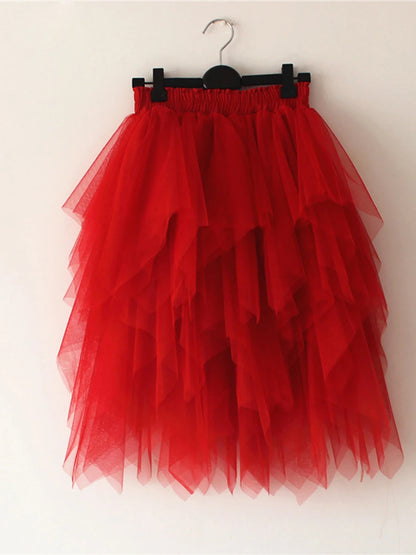 Women's Irregular Tulle Skirts Casual High Waist Solid Color Mesh Skirts Layered Skirts