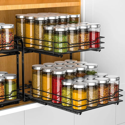 Floor Guard Spice Rack Organizer for Cabinet Black 2 Tier Pull Out Spice Racks for Height Adjustable Kitchen Storage Rack