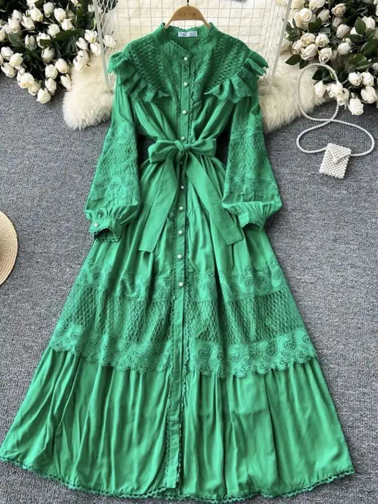 LGRQ For Women's Lace-up Single Breasted Lace Dress Fashion Hollow Out Bead Button Round Neck Dresses 2025 Autumn New Clothing
