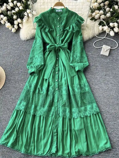LGRQ For Women's Lace-up Single Breasted Lace Dress Fashion Hollow Out Bead Button Round Neck Dresses 2025 Autumn New Clothing