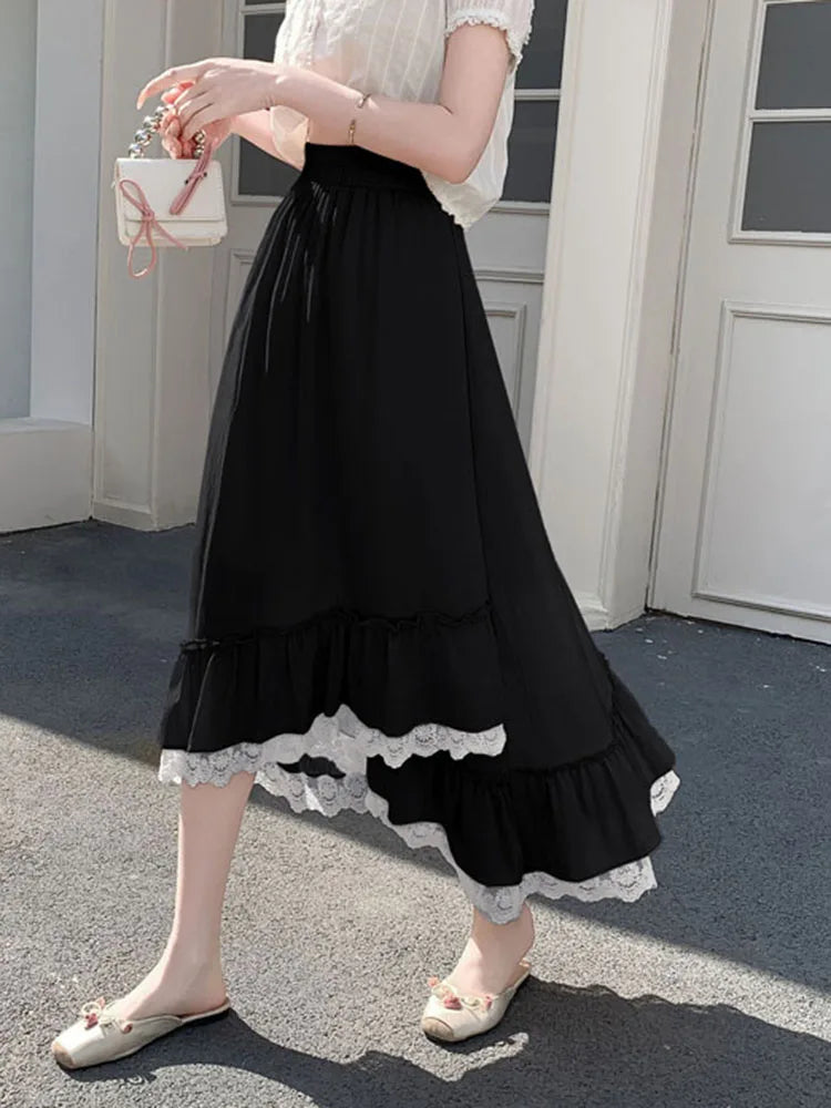 Zoki Korean Pink Long Skirt Women Sweet Vintage High Waist Preppy Style Skirt Casual Loose Lace Patchwork Irregular Long Skirts