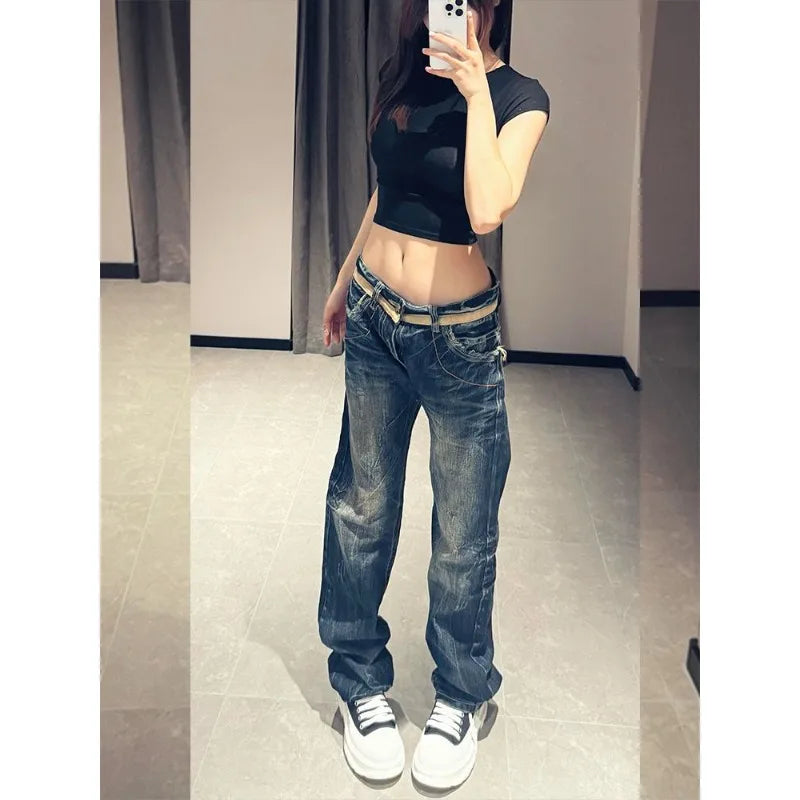 Women's American Personalized Wing Embroidered Jeans 2025 Low Waist Design Micro Flared Jeans Retro Harajuku Y2K Joker Jeans