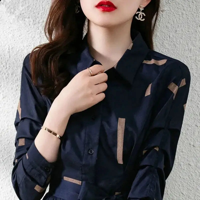 Simplicity Fashion Spring Shirt Dresses Women Lapel Geometric Print Button Belt Korean Office Lady Long Sleeve Slim Midi Dress