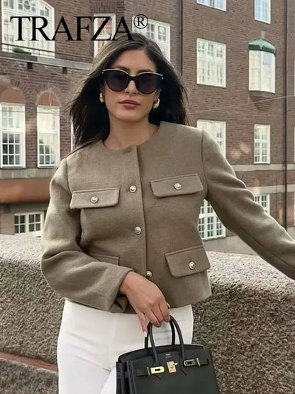 Women Elegant Cropped Jacket 2025 Women's Fashion Jacket O-Neck Long Sleeved Flip Pocket Coat Female Casual Outwear Tops