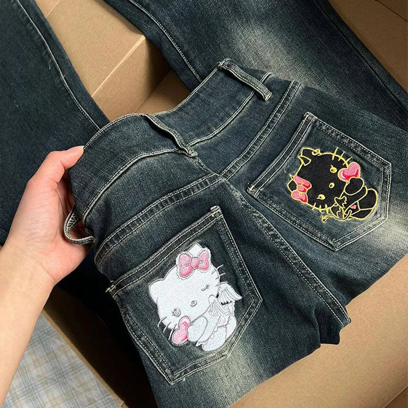 American Hello Kittys Jeans Y2K Women Cartoon Embroidery Denim Pant High Waist Wide Legs Spring Fall Casual Streetwear Trousers
