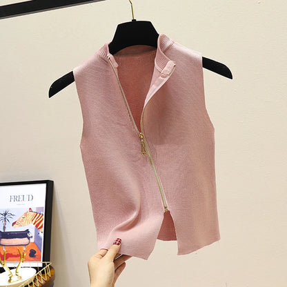 2026 Summer Spring zipper Knit Tank Top Cami Korean Camisole Elastic Vest O Neck Solid Color New Slim Breathable Tops White