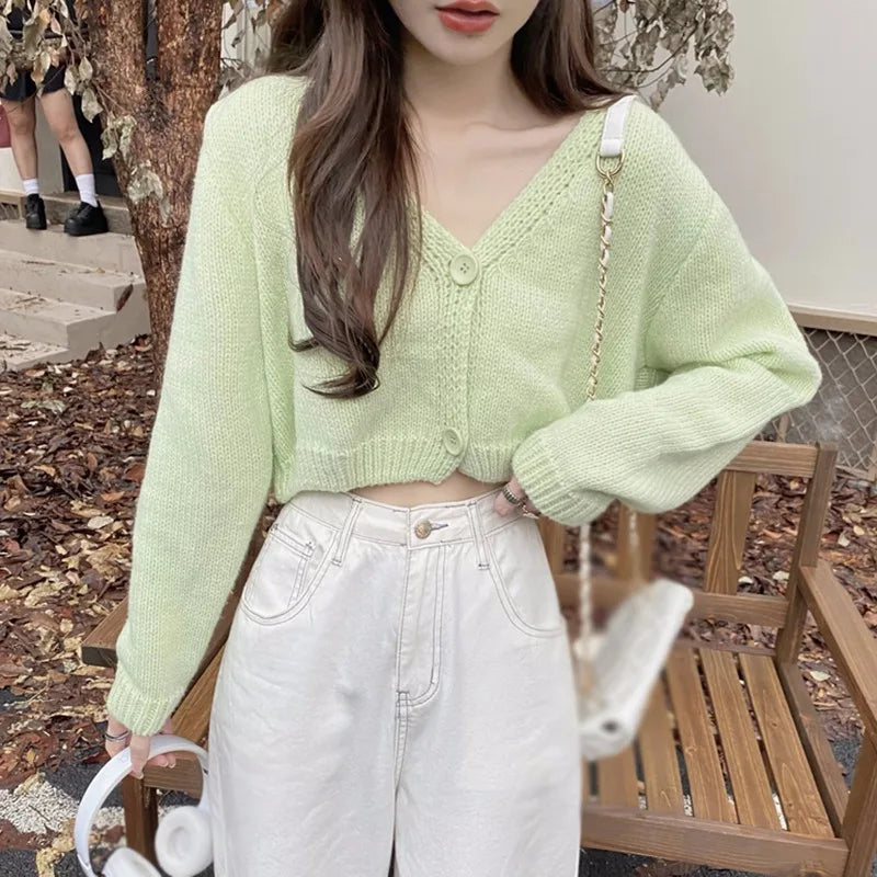 Women Autumn Long Sleeve Sweater Cardigan Sexy V-Neck Button Down Cropped Jacket Sweet Solid Candy Color Loose Knitted Outwear