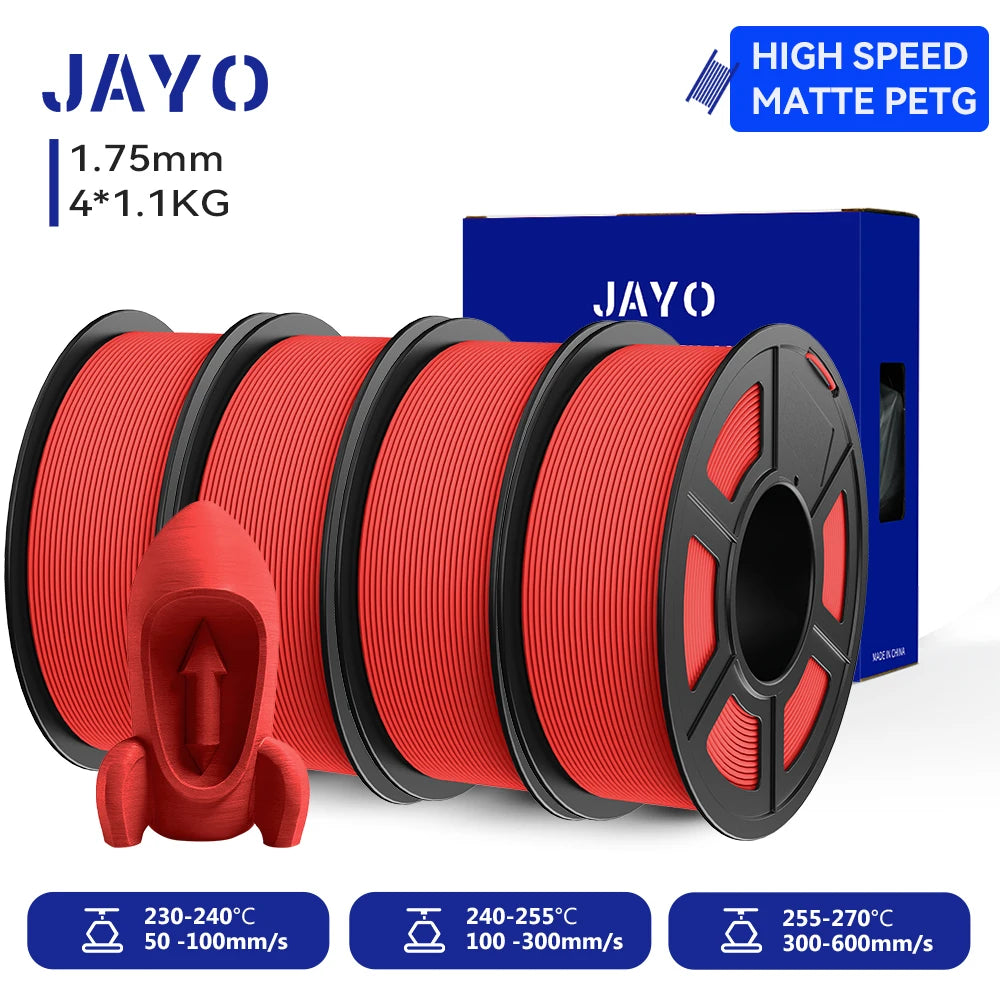 JAYO 4Rolls 3D High Speed Matte PETG 3D Filament 1.75mm 30mm/s - 600mm/s Print Range High Flow Speedy PETG 3D Printer Filament